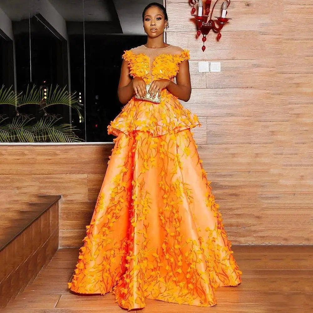 Bright Orange African Prom Dresses With Floral Appliques Sheer Neck Capped Peplum Plus Size Evening Dress Party Wear