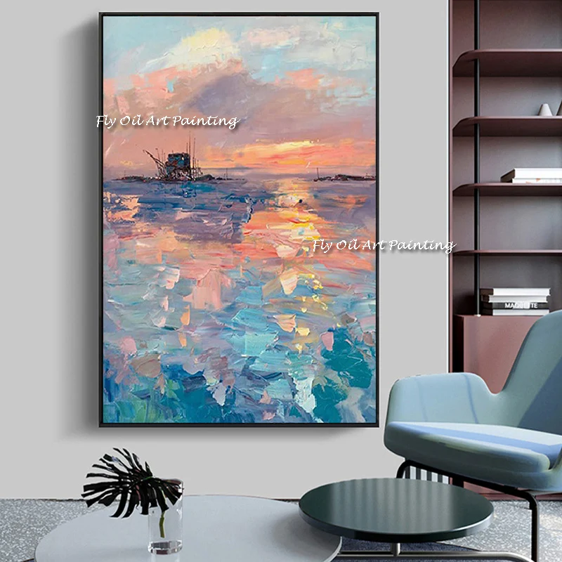 The Hand Painted Abstract Art Oil Painting Wall Canvas Paintings Corridor Sea View Picture For Home Office Decor Color Sunshine