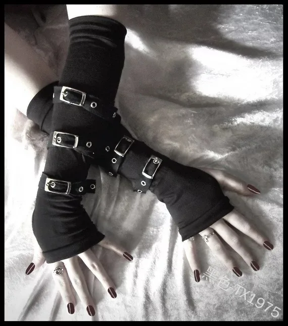 Steampunk Unisex Buckled Up Bondage Arm Warmers With Metal Buckle Straps Women\'s Black Gothic Style Fingerless Gloves