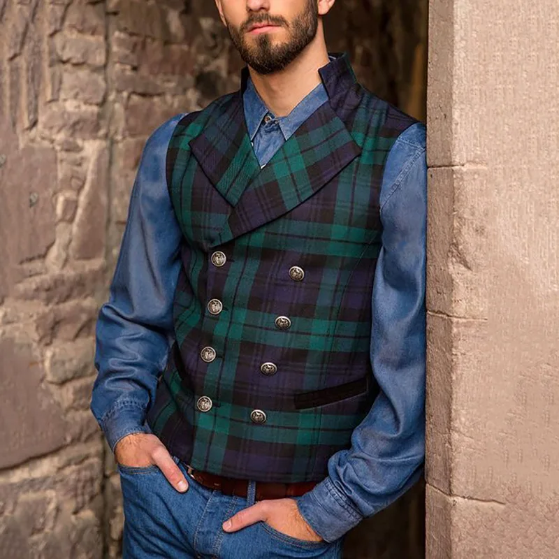 Men Suit Vests Green Plaid Mens Clothing Wedding Tweed Business Waistcoat Jacket Casual Slim Fit Gilet Homme Vest For Groosmen