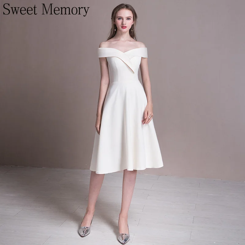 S081 Cổ Thuyền Trắng Váy Áo Trễ Vai Đảng Đầm Cô Dâu Áo Cô Gái Hứa Vestidos De Noiva