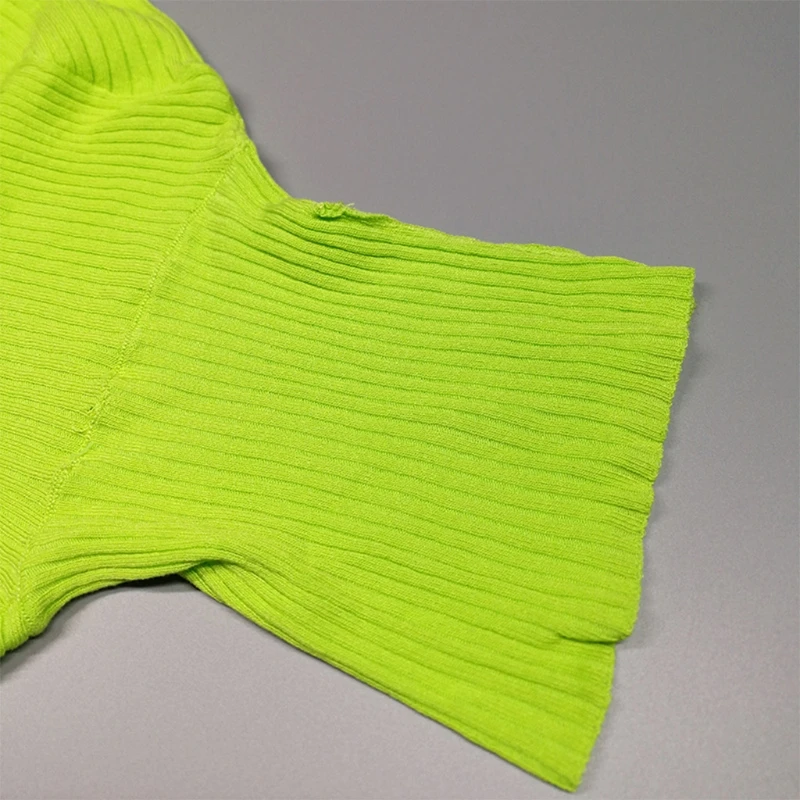 Women Long Sleeve Turtleneck Sweater Ribbed Knitted Bodycon Crop Top Fluorescent Neon Green Solid Pullover Tee Shirts