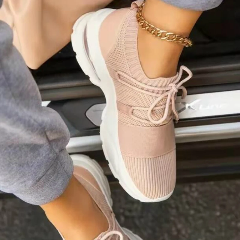 

Plus Size 43 Shoes Woman 2021 New Stretch Fabric Breathable Fashion Sneakers Lace-Up Zapatos De Mujer Platform Sneakers Female