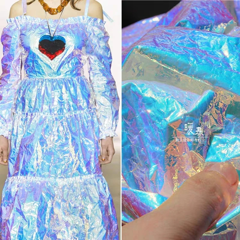 

Iridescent Reflective Pleated Fabric DIY Patches Background Decor Bag Cosplay Jacket Coat Stage Clothes Designer Fabric