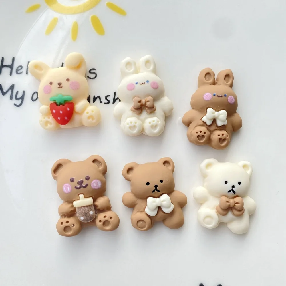 20Pcs Cartoon Bear Rabbit Animal Flat Back Planar Resin DIY Kids Bowknot Hairpin Earrings Crafts Materials Scrapbook Arts Patch