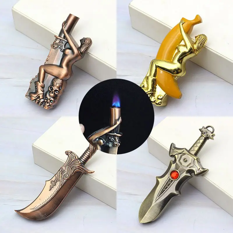 Creative Knife Sword Butane Gas Lighters Metal Windproof Torch Lighters Unusual Cigarette Cigar Lighter Smoking Accessories