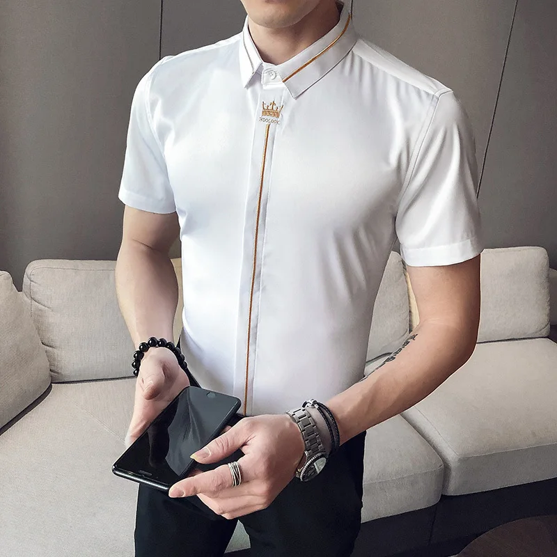 Fit Casual Slim Short Sleeve Shirt Streetwear Social Crown Embroidered Tuxedo Dress Shirt Tide S-6XL Summer Korean Men's Shirt