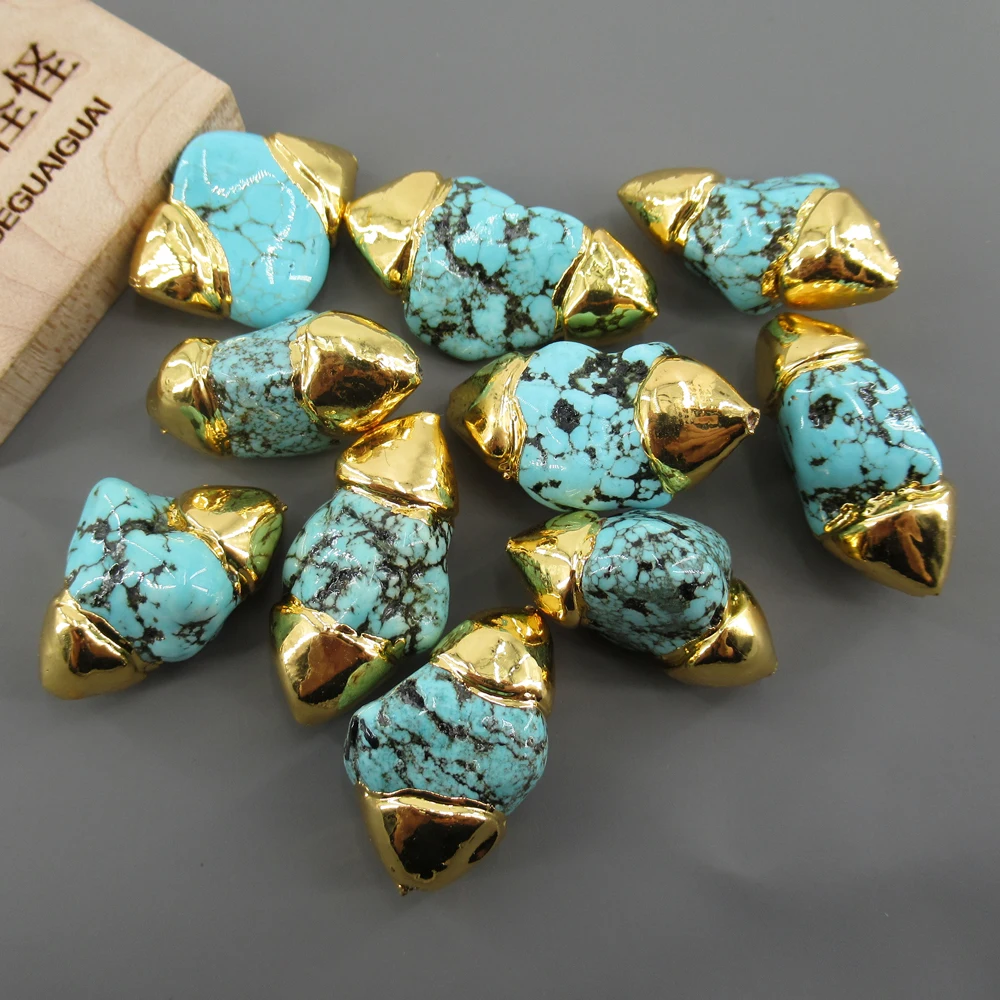 APDGG Wholesale 10 Pcs Gold Capped Blue Turquoise Freeform Nugget Beads Finding Jewelry Accessories