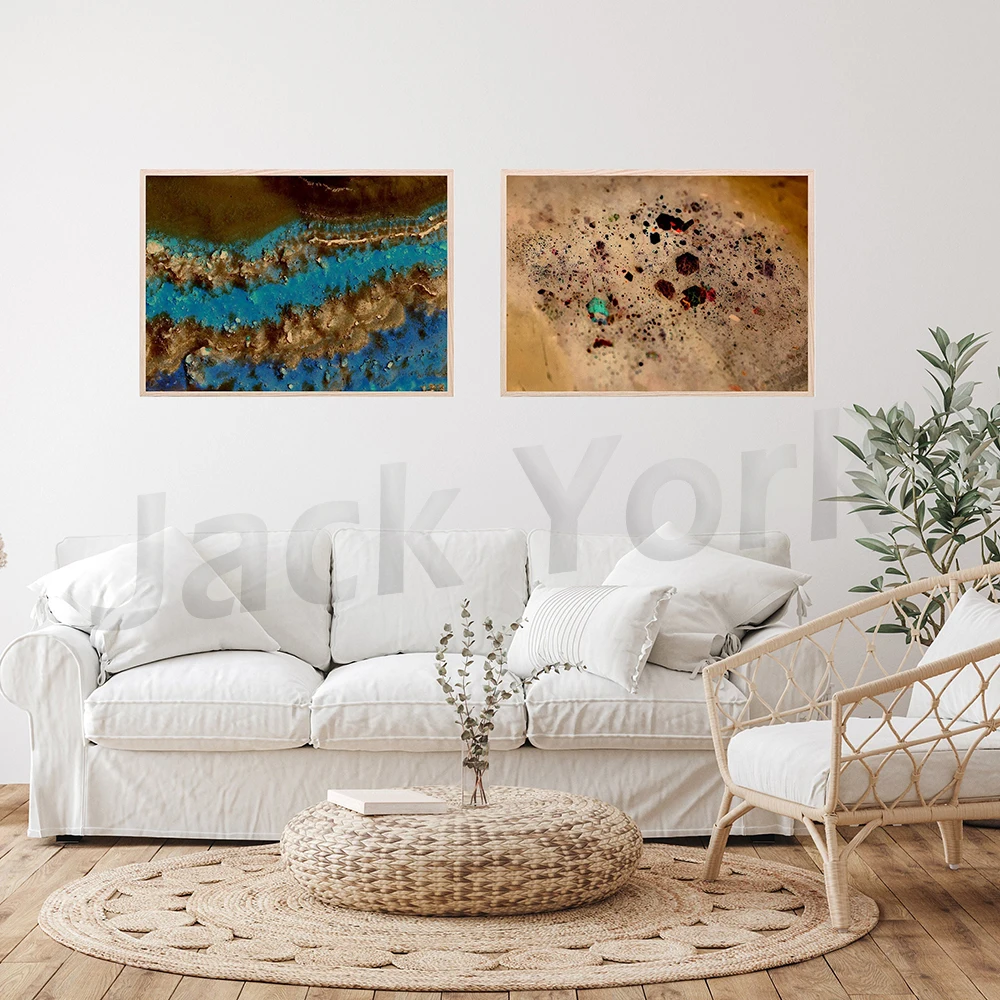 Stone Patterns on Blue Brown Surface, Gem Detailed Modern Abstract Wall Art, Bathroom Poster, Natural Rock Photography