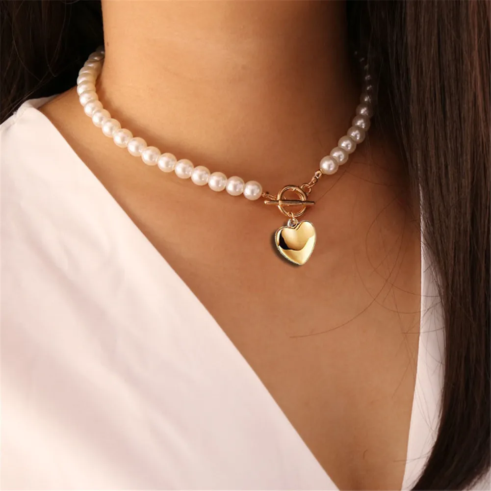 

Punk Fashion Gold Color Stainless Steel Heart Necklace Elegant 40cm Imitation Pearl Choker Neck Chains For Women Jewelry