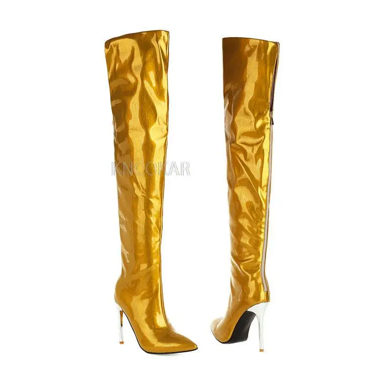 Shiny leather pointed toe stiletto super high heel over the knee boots long boots gold large size women\'s boots high boots