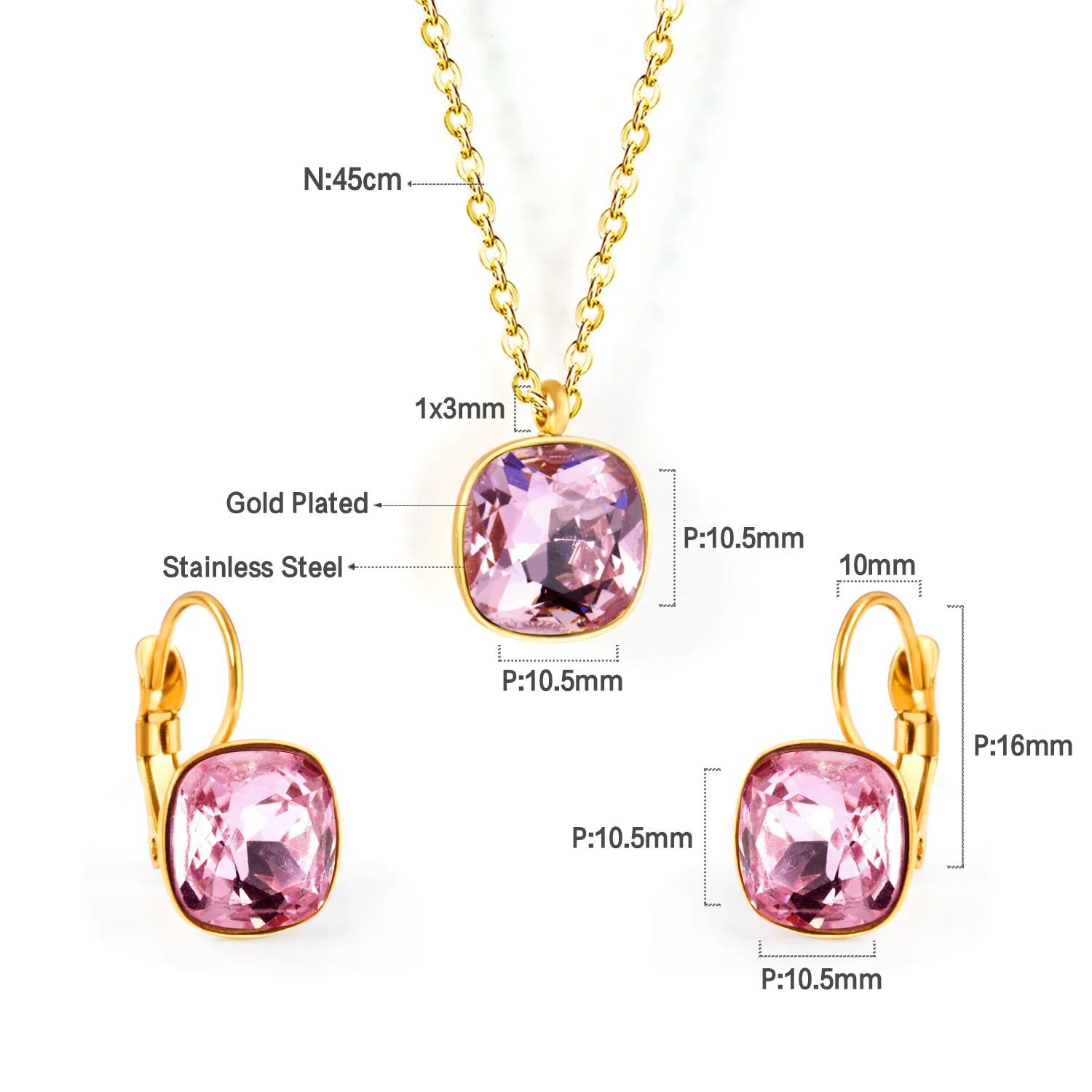 Square Multiple Color Crystal Pendant Necklace & Earrings Set