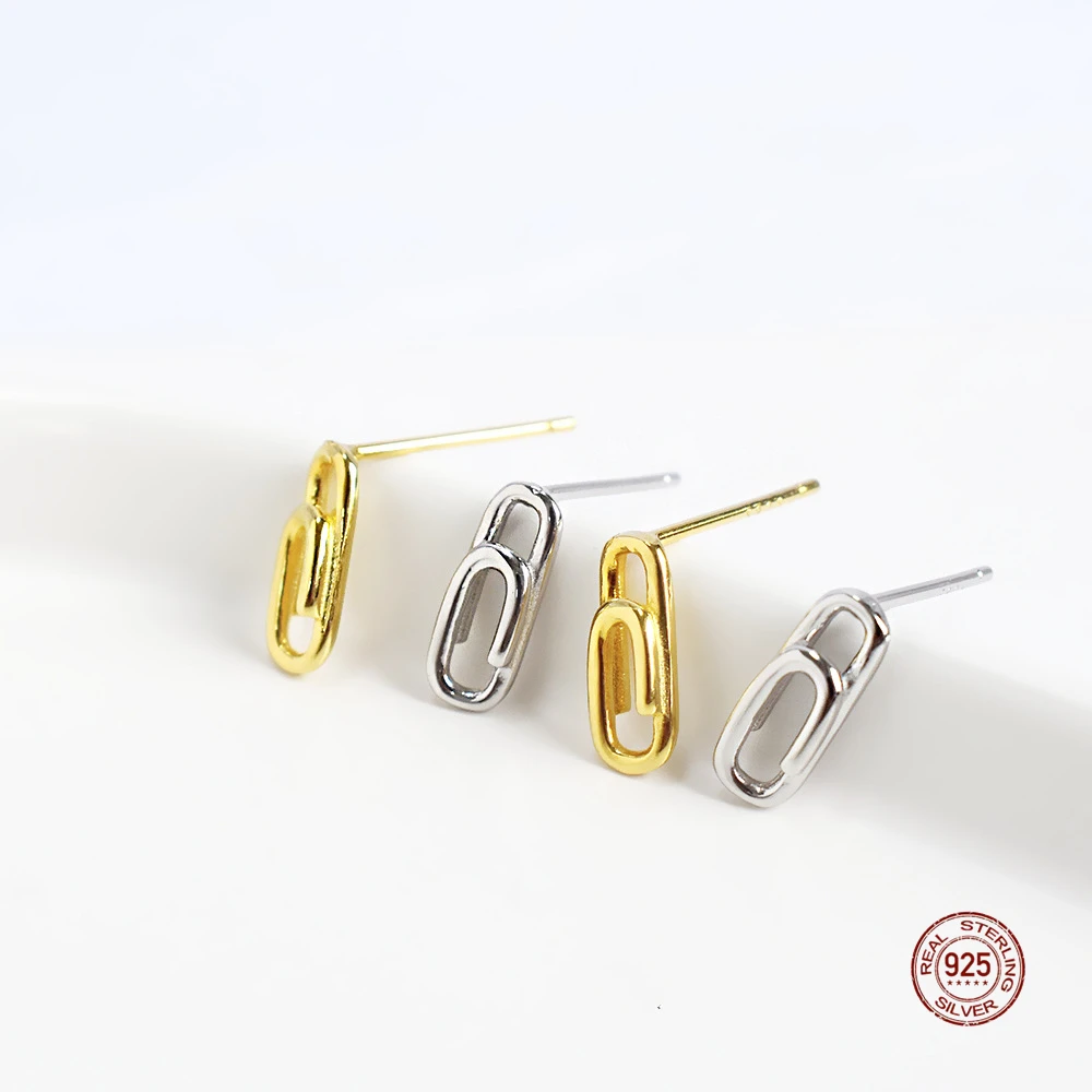 LKO Real 925 Sterling Silver Jewelry Fashion Paper Clips Pin Ear Studs For Girls Elegant Earrings For Women Birthday Gifts