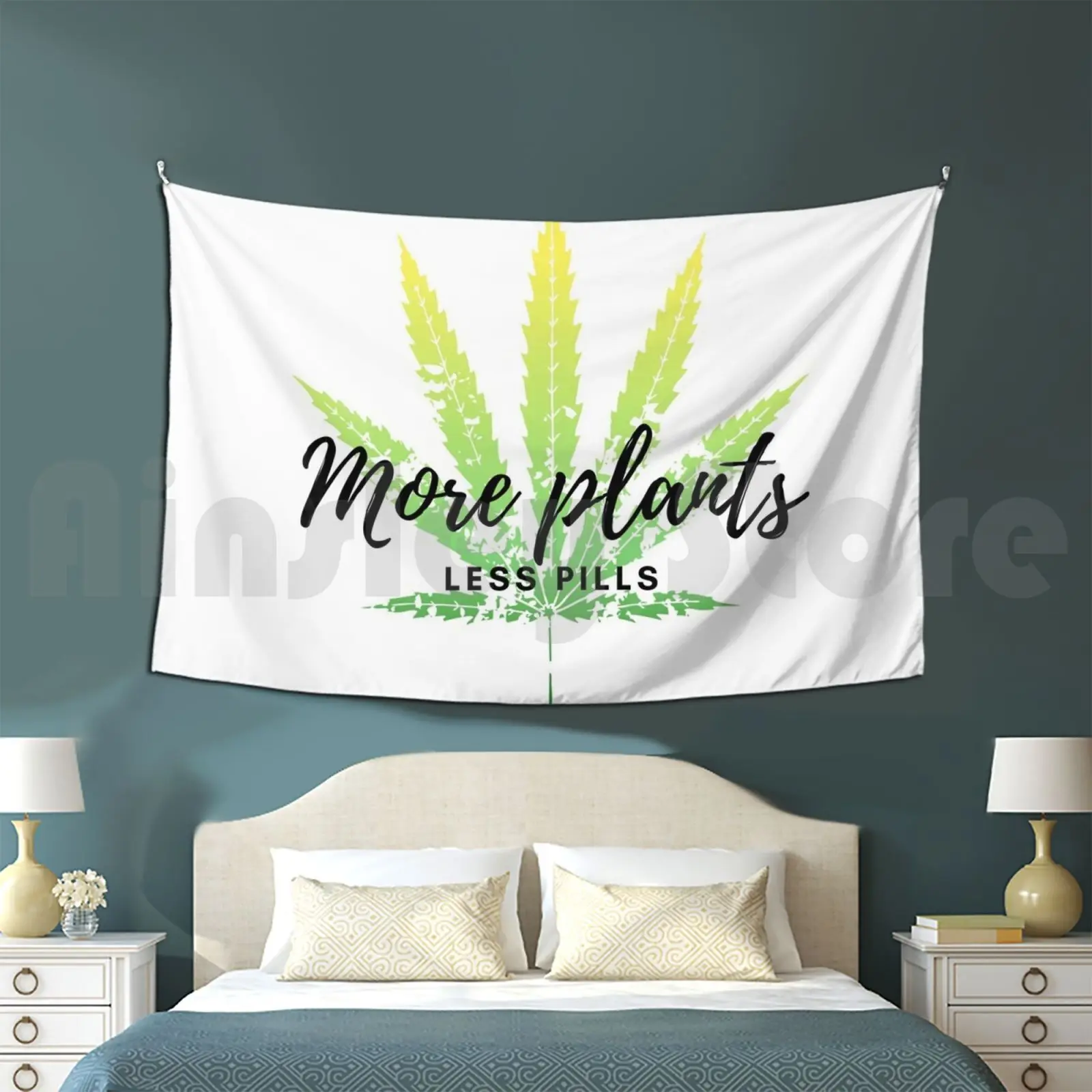 More Plants , Less Pills! Hemp Leaf Tapestry Living Room Bedroom Hemp Weed Joint Herb Leaf Smoke Green