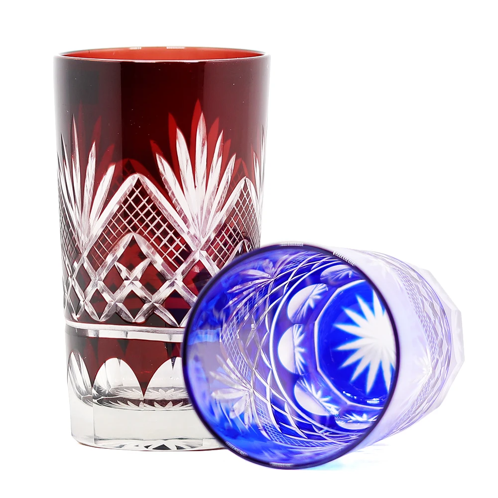 Edo Kiriko Bohemian Czech Handmade High Quality Hand Cut To Clear Blue Red Crystal Drinkware Whiskey Glass Wine Glass 2 Order