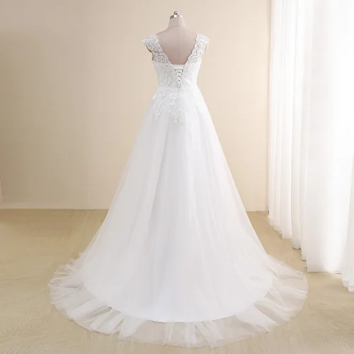 Imagen 2 del producto Increíble vestido De novia De talla grande personalizado con cuello en V manga casquillo una línea vestidos De tul Apliques De encaje vestido De novia