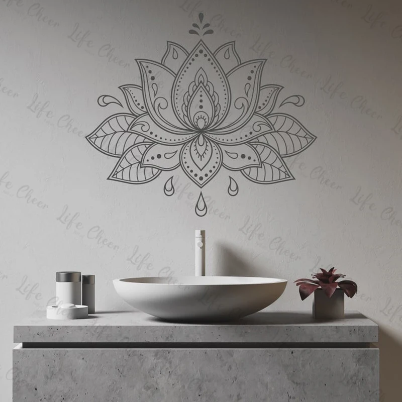 연꽃 데칼 만다라 벽 스티커 독특한 연꽃 데칼 헤나 디자인 연꽃 만다라 벽 예술 Boho 보헤미안 장식 홈