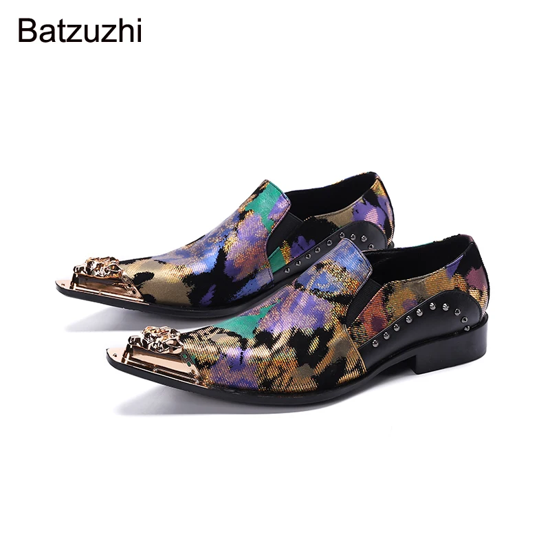 

Batzuzhi 2021 New Design Shoes Men Pointed Golden Head Muti Leather Dress Shoes Men Slip on Wedding sapato social masculino