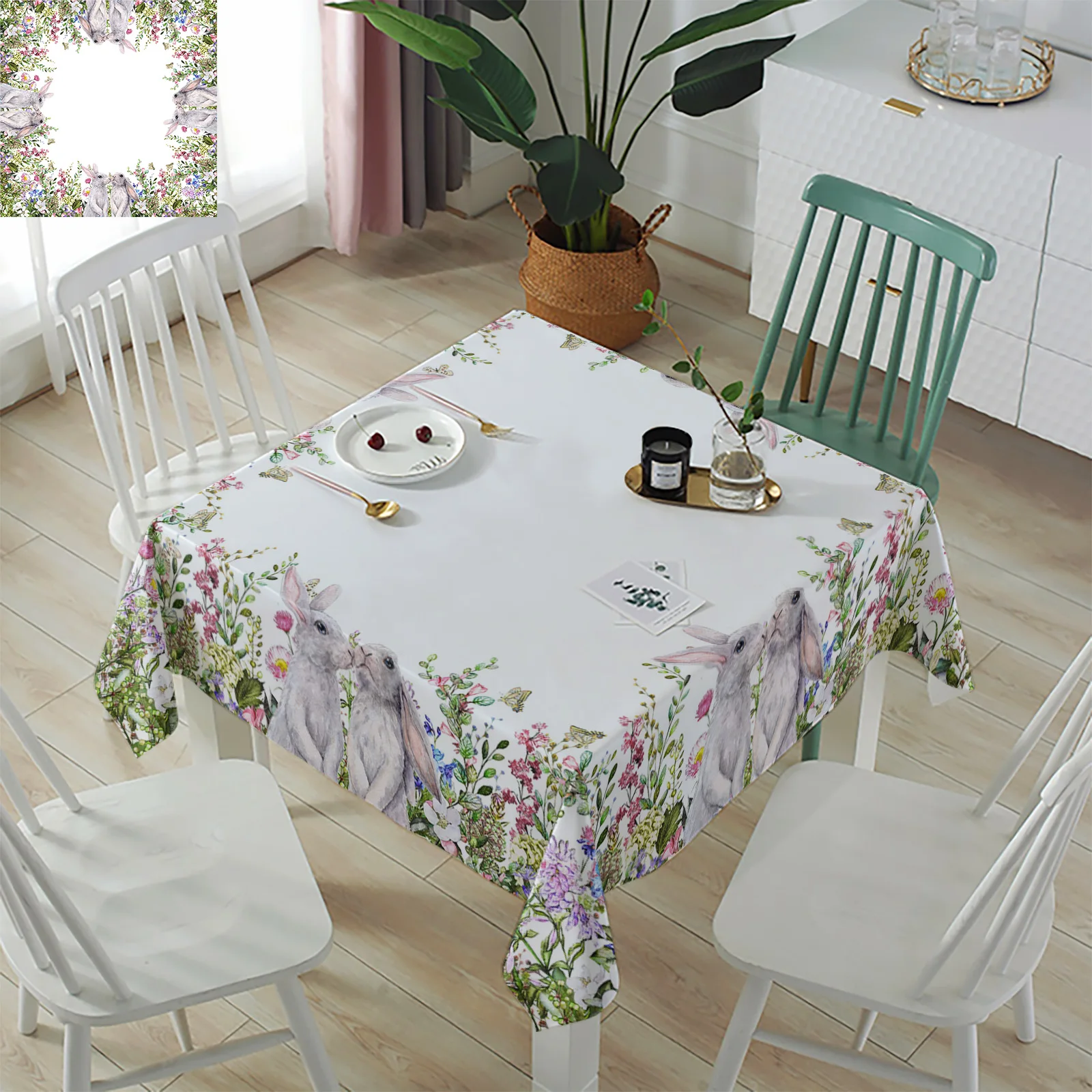 Easter Watercolor Plants Bunny Tablecloth Waterproof Wedding Dining Decor Table Runner Holiday Cake Floral Decor Table Cover