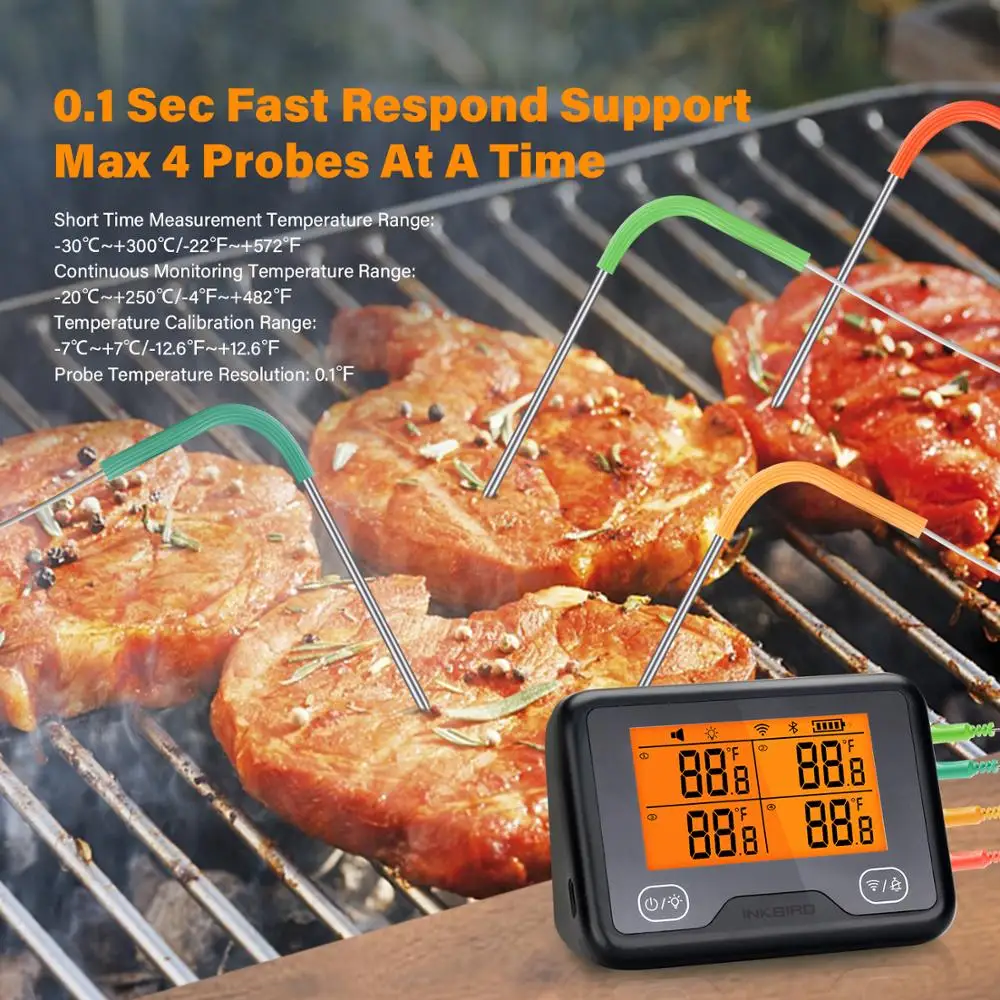 INKBIRD IBBQ-4BW Wi-Fi&Bluetooth Digital Grill Thermometer Rechargeable Wireless BBQ Thermometer with 4 Probes Temp Graph Alarm\\