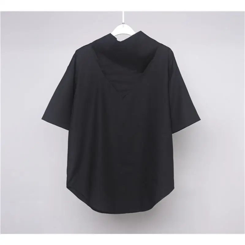 Men's new personality simple design black and white loose turtleneck short sleeve T-shirt hairstylist hip-hop jacket