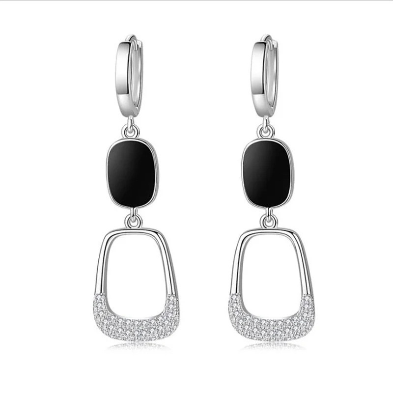 Trendy 925 Sterling Silver Earrings Women Long Accessories On Ear Personality Zircon Black Square Drop Earrings Female Bijou Hot