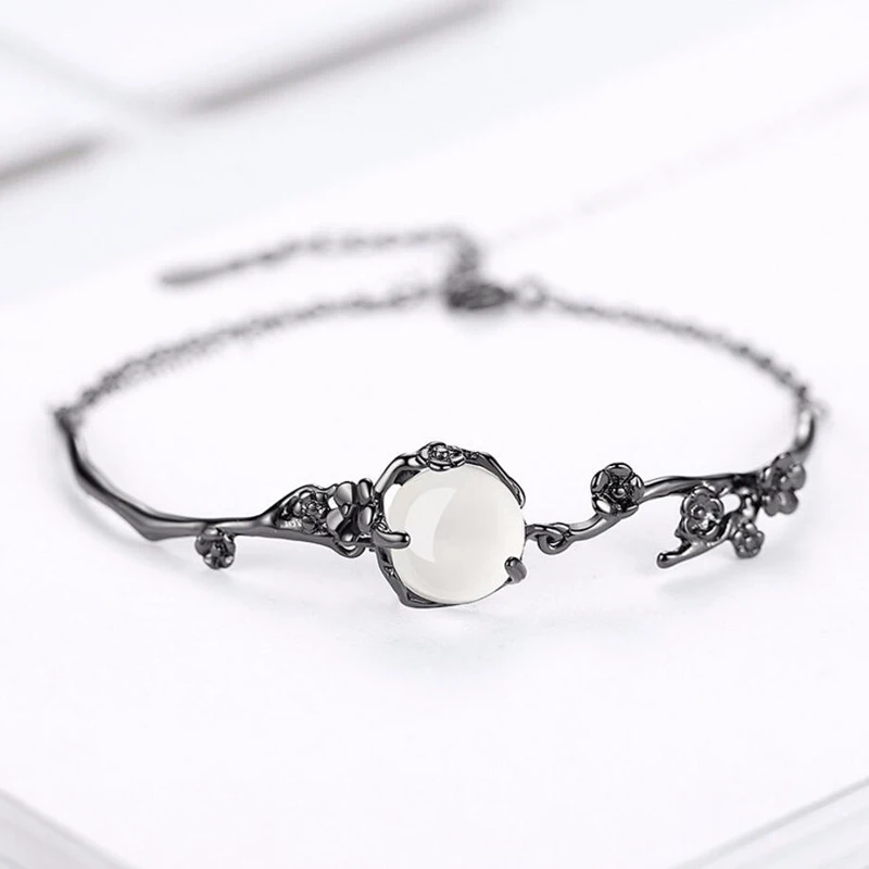 Moonstone Plum Flower Bracelet 925 Sterling Silver Link Chain Armband Women Thornbush Branch Bracelet Femme Cuff Wristband SB033