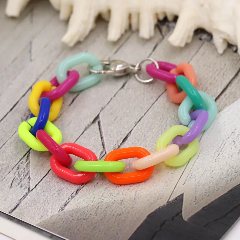 Women\'s Bracelets Boho Colorful Acrylic Ring Chain Bracelet Love Heart Lobster Clasp Female Girl Friends Gifts Jewelry Wholesale