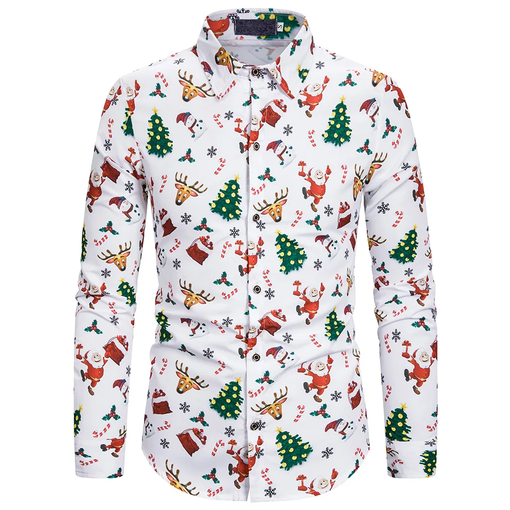 

Chirstmas Men Long Sleeve Shirts Spring Autumn Casual Xmas Tree Snowman Wild Print Lapels Single Breasted Male Festival Shirts