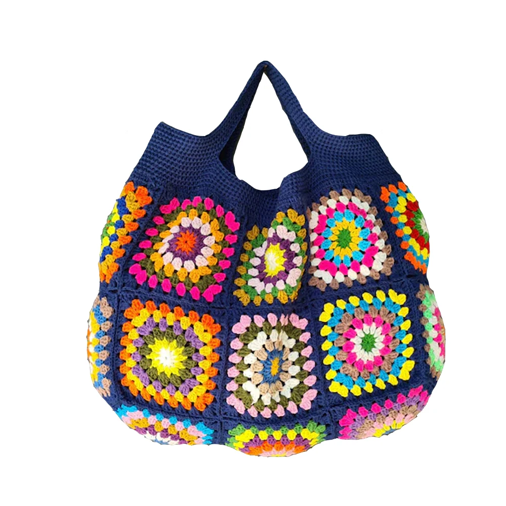 Dark Blue Women Handbags Colorful Boho Hippie Granny Square Woven Bags Vintage Handmade Crochet Kintted Cute Purse