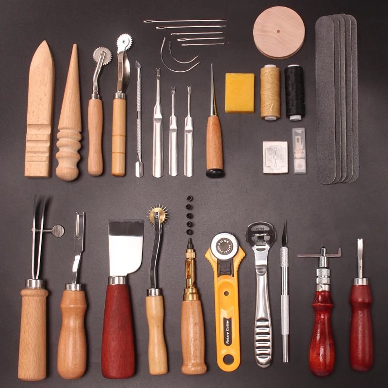 DIY professional leather craft tool kit manual sewing stitching punching set cutting mark slotting sanding tool accessories