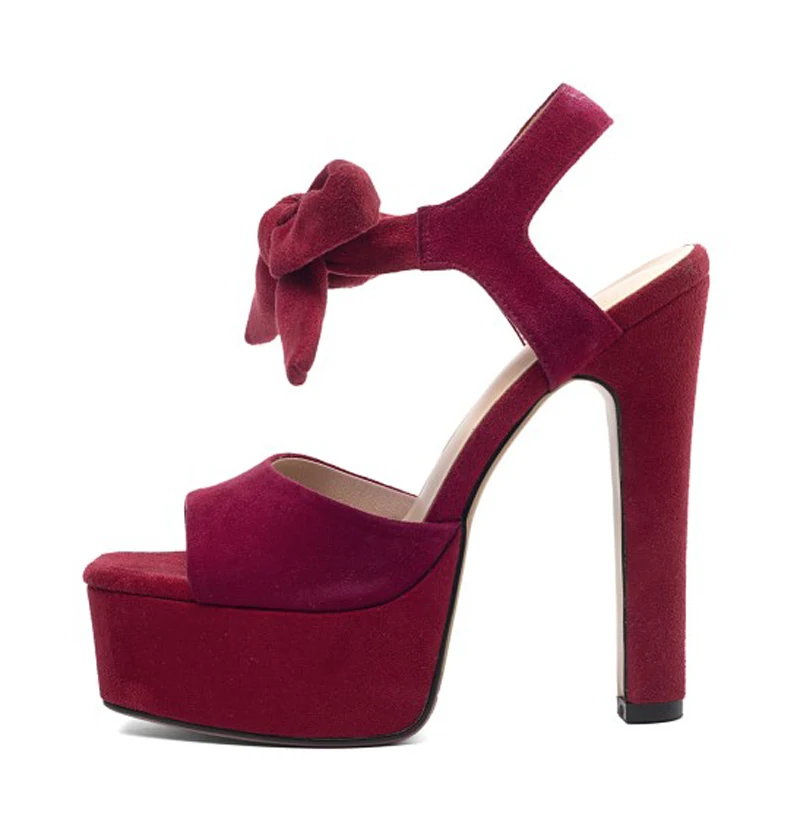 Burgundy Pink Green Suede Front Bowtie Ankle Strap High Platform Sandals Women Gladiator Peep Toe 14 cm Chunky High Heel Sandals