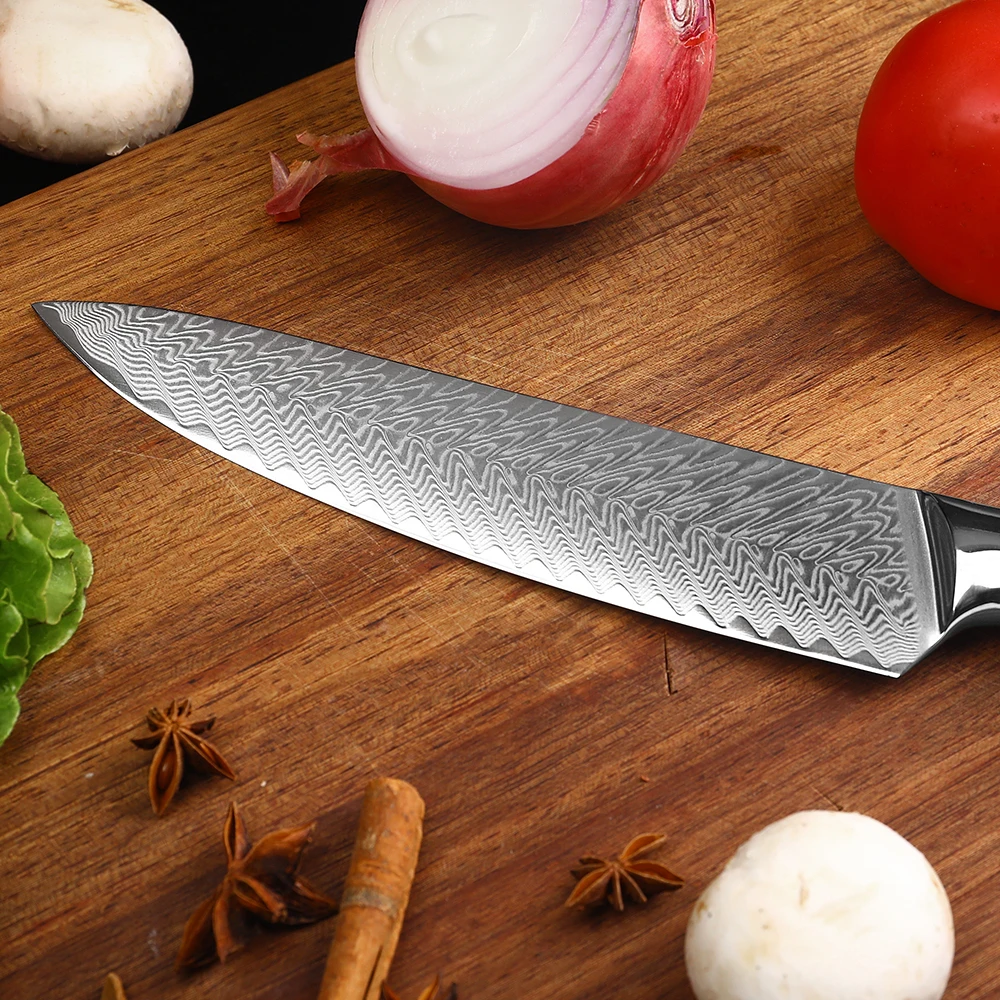 WAK Professional 67 Layers Damascus Steel Kitchen Chef Knife Feather Pattern Blade Knives Blue and Black G10 Soft Handle Knife