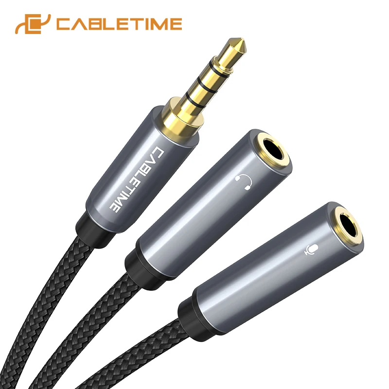 2021 CABLETIME 3.5mm Earphone Splitter Y Audio Aux Cable 4pin 3.5 Jack Male to 2 Female Aux-Cord Cable for Microphne Music C108