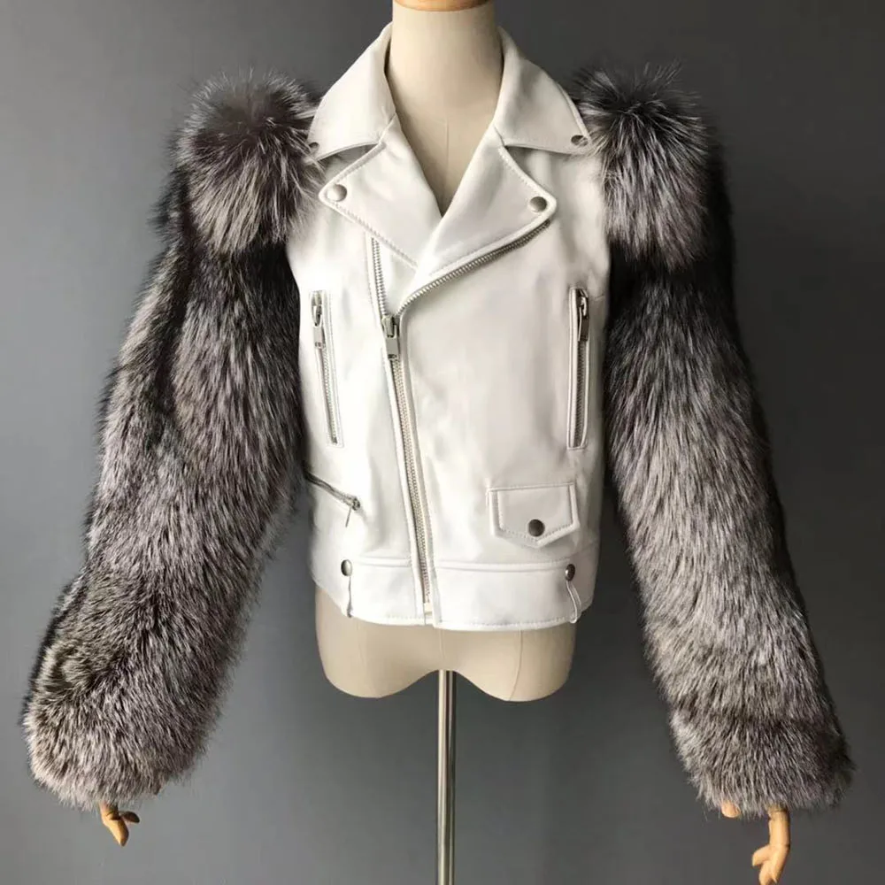 ผู้หญิงจริงหนังยาวแจ็คเก็ตฤดูใบไม้ร่วงจริง Fox Fur Collar Cuffs เสื้อ2021แฟชั่น Sheepskin แท้ Windbreaker กับเข็มขัด