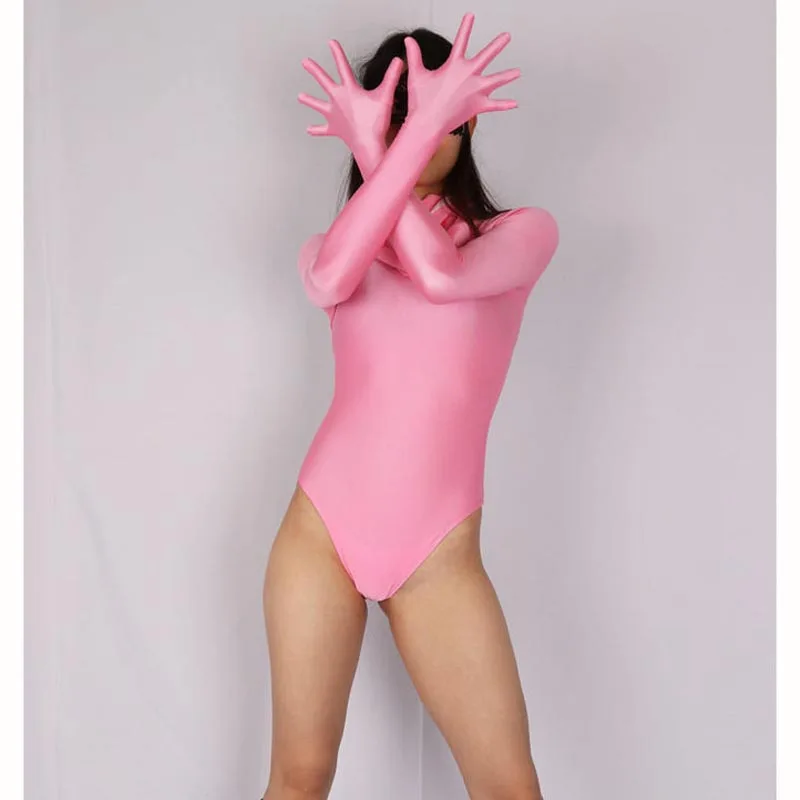 Unisex Shiny Separated Fingers Bodysuit Masked Half Coat Zentai One Piece Tights Bodystocking Cosplay Stay Costume Leotard Body