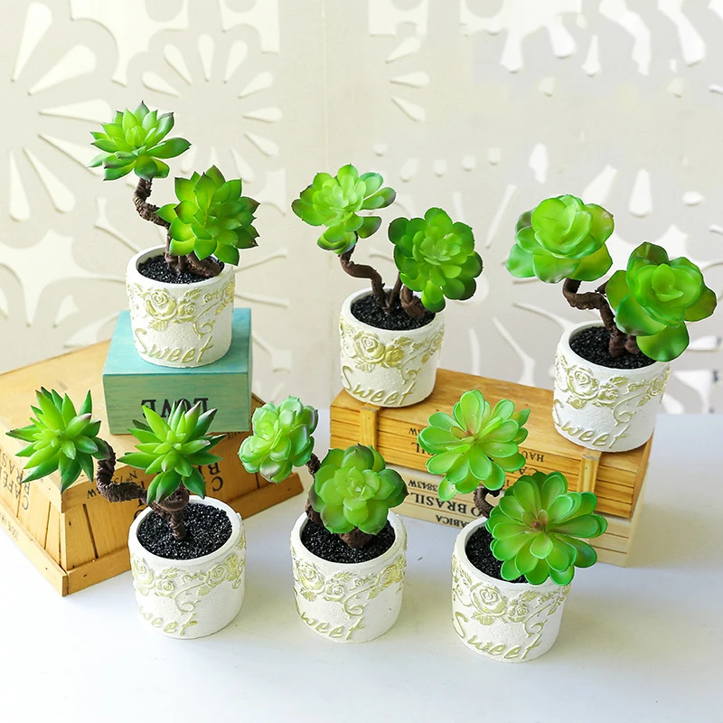 

17cm Small Artificial Succulent Plants Potted Plastic Desktop Tree With Pot Fake Leaf Tropical Cactus For Home Garden Room Decor