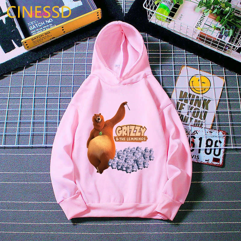 

Hoodies For Teen Girls Grizzly And The Lemmings Cartoon Oversized Sweatshirt Kids Pink Plus Velvet Hoodies Unisex Tops 3-13Y
