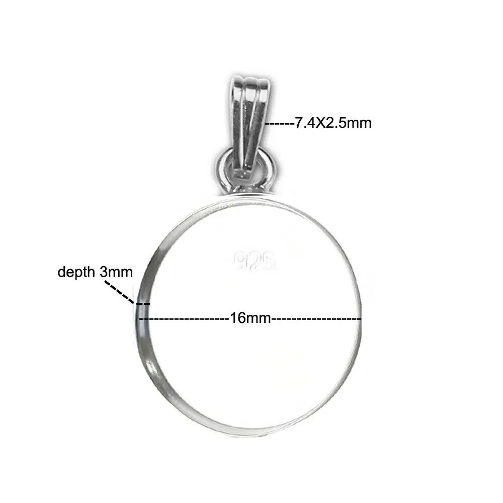 Solid 925 Sterling Silver Pendant Tray Round Pendant Blank fit 16mm Round Cabochon for Necklace Jewelry Making