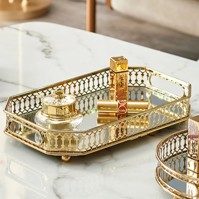 Glass Metal Tray European Luxury Tea Set Storage Trays Home Kitchen Desktop Decor Modern Golden Coffee Table Decoration Tray