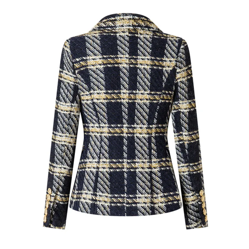 HarleyFashion New Winter Luxurious Plaid Tweed Woven Women\'s Blazers Gold Thread Top Quality Chic Thicker Jackets