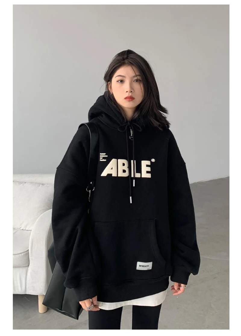 

LMQ NEW Women Letter Hoodies Fleece Tracksuit Sports Sweatshirte Casual Loose Jumper Street Plus Velvet Harajuku Hip Hop Hooded