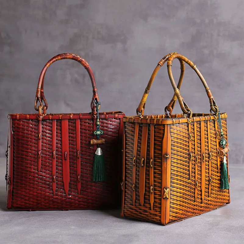 Vintage Hand Bamboo Weaving Women\'s Handbags Fashion Summer Large Capacity Luxury Beach Woven Tea Ceremony Storage Bag Crafts