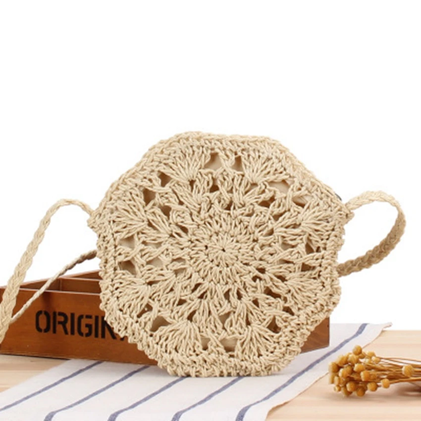 New simple octagonal hollow crossbody straw woven bag hand-woven bag college style summer vacation beach bag