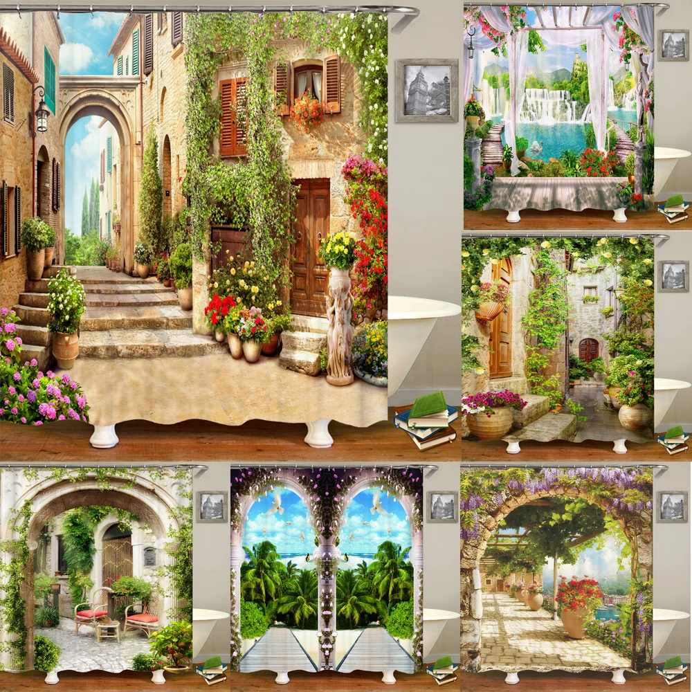 Beautiful European Rural Town Street Street 3D Landscape Bathroom Shower Curtain Waterproof Curtain Home Decor Curtain With Hook