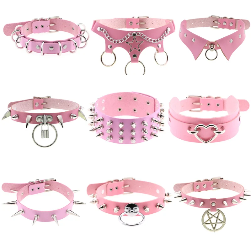 Goth Pink PU Leather Necklaces for Women Rivet Spike Collar Chain Charm Neck Strap Gothic Girls Choker Sexy Cosplay Punk Collar