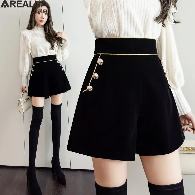 2023 High Waist black Women's Office Shorts Wide Legged A-Line Golden velvet Shorts Female Korean Style Casual Short Pants S-5XL