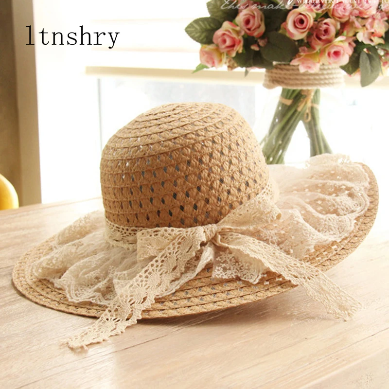 Women Lace Sun Hats For  Wide Brim Straw Beach Side Cap Floppy Female Straw Hat Lace Solid Fringe Straw Hat Summer Hat Chapeu