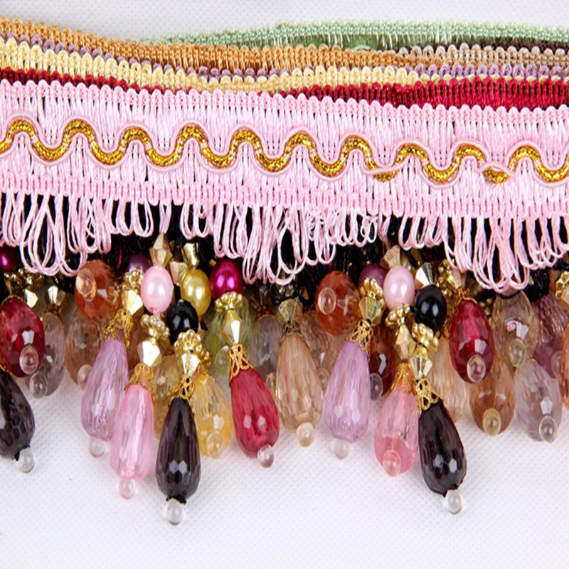 Beaded Tassel Fringe Trimming Ribbon with Drop Crystal, Curtain Accessories, Lace, 8cm Width, 12 Meters/Lot, 5-098