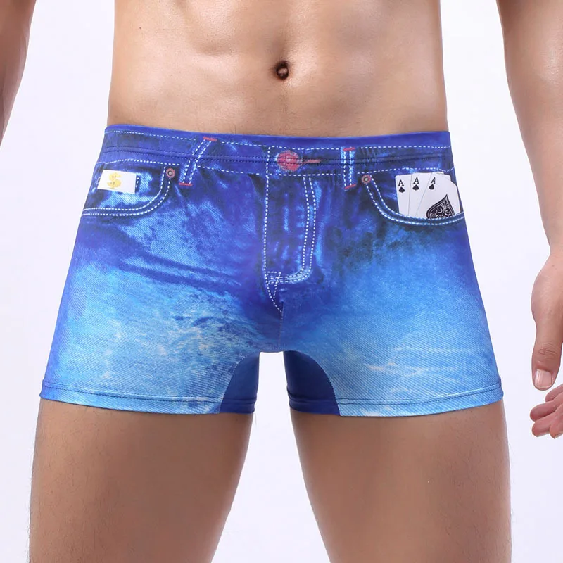 Cueca masculina impressão denim sexy boxer homme marca nova qualidade superior moda calcinha